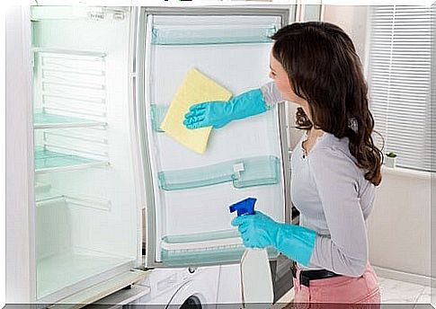 Woman cleaning the refrigerator with natural products